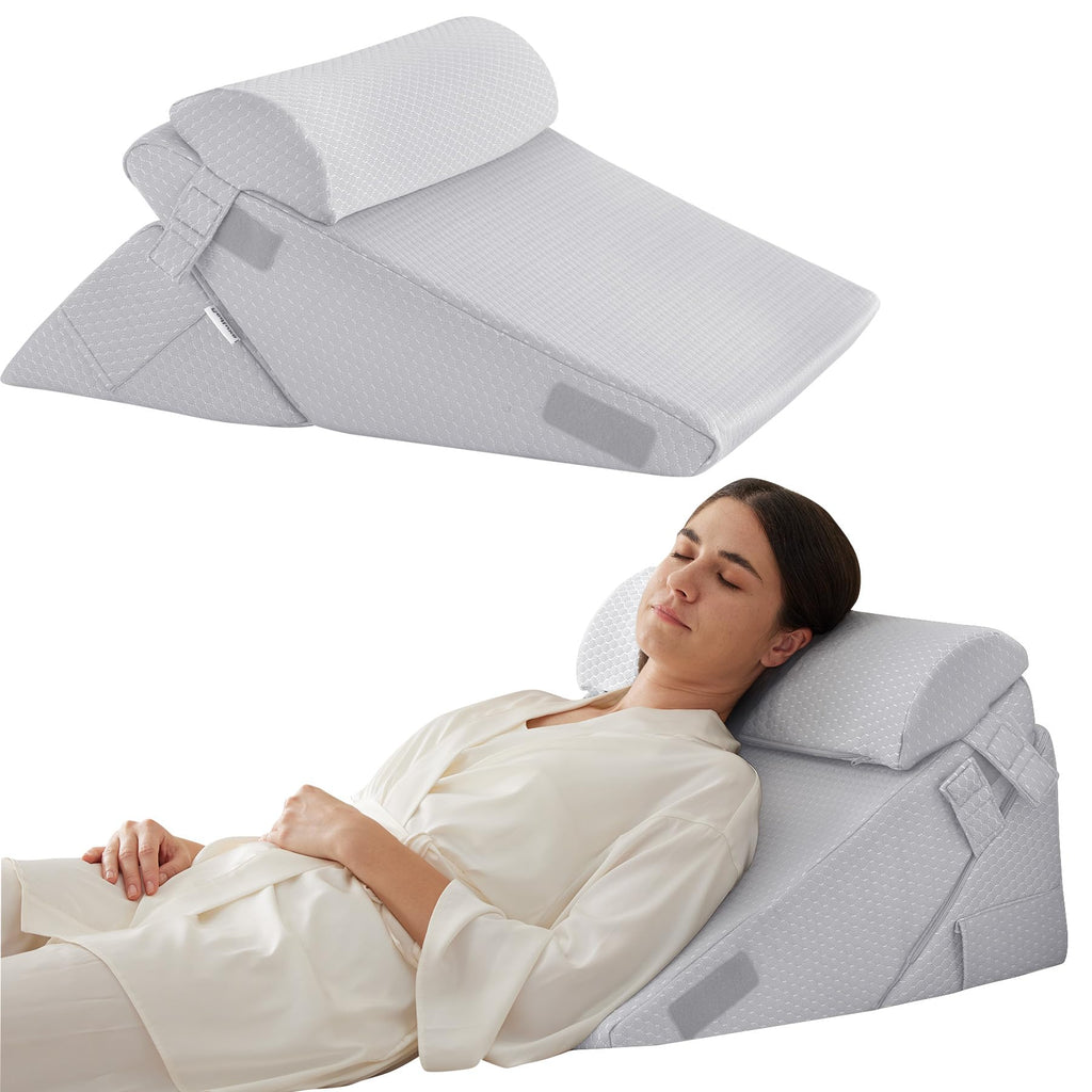 Bedluxe 3Pcs Orthopedic Bed Wedge Pillow Set, Foam Wedge Pillow Post Surgery for Back, Leg and Knee Support, Adjustable 9&12 Inch Folding Triangle Pillow for Sleeping, Acid Reflux, Snoring, Light Grey