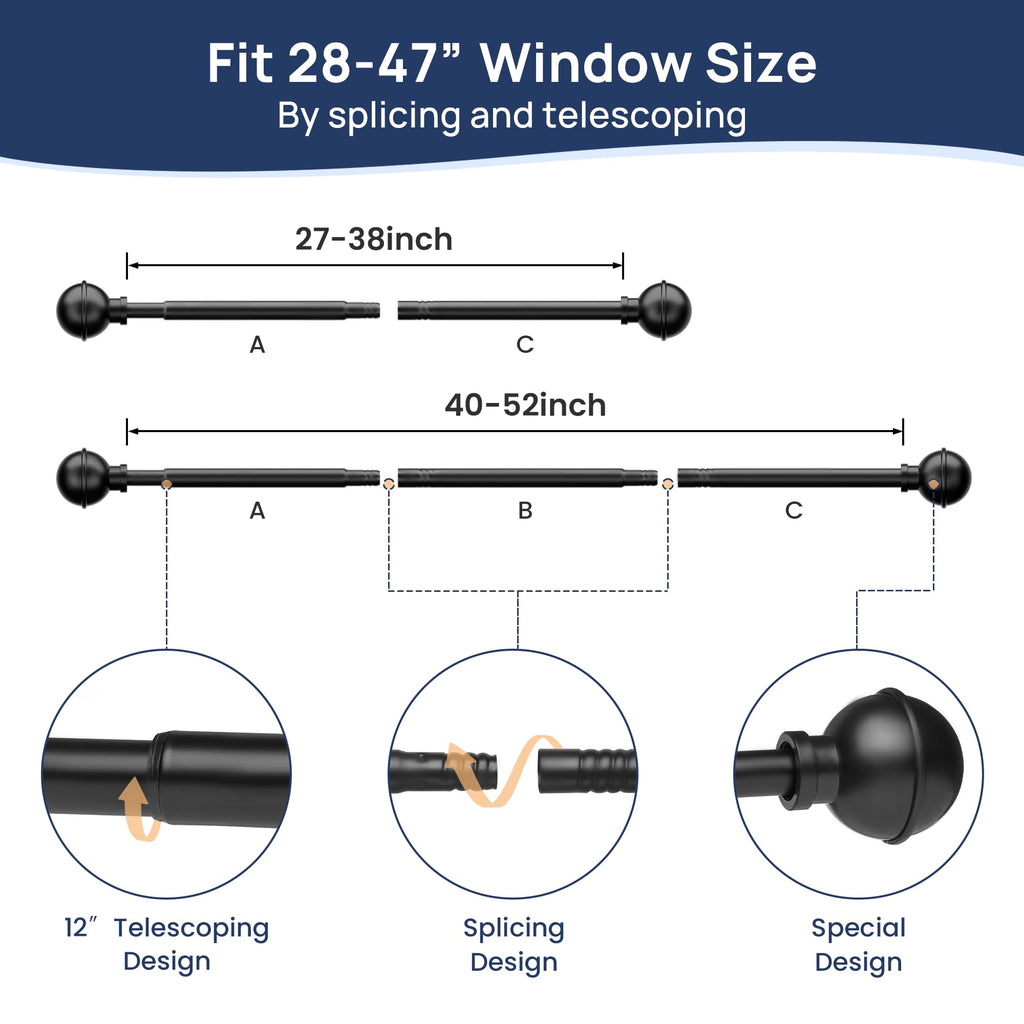 No Drill Curtain Rods for Window 28 to 47 Inches, 5/8 Inch Diameter Renter Friendly Drapery Rod with Adhesive Brackets without Drilling, Adjustable from 27 to 52 Inches, Black