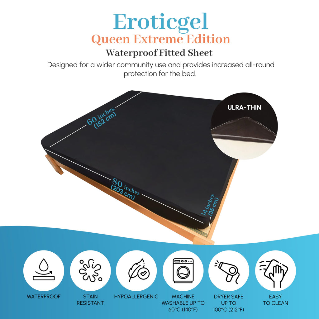 EROTICGEL Extreme Queen Black Fitted Massage Sheet, 60″ x 80″ +14″ (183cm x 203cm +35cm) - Waterproof Mattress Protector, Waterproof Mattress Cover for Massage - Oil, Water-Based, Silicone Safe