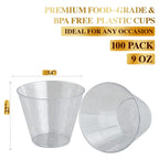 FOCUSLINE 100 Pack Silver Glitter Plastic Cups 9 oz Clear Plastic Cups Tumblers, Fancy Disposable Hard Plastic Cups with Silver Glitter for Wedding Cups Elegant Party Cups