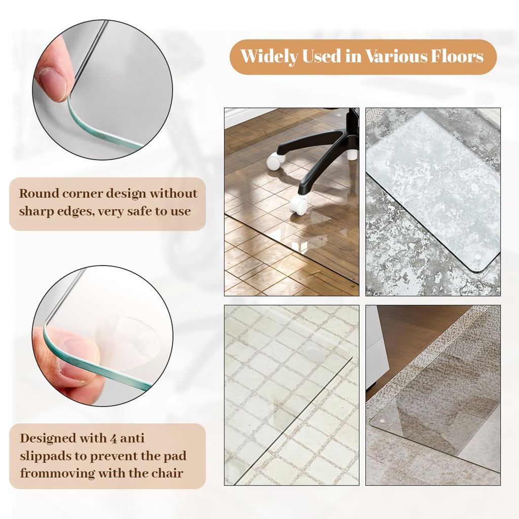 [Tempered Glass] 36" x 46" Glass Chair Mat, Heavy Duty Hard Floor Mat with Round Corner and Polished Edge, Office Chair Mat for Carpet Office Home Hardwood Floor Desk