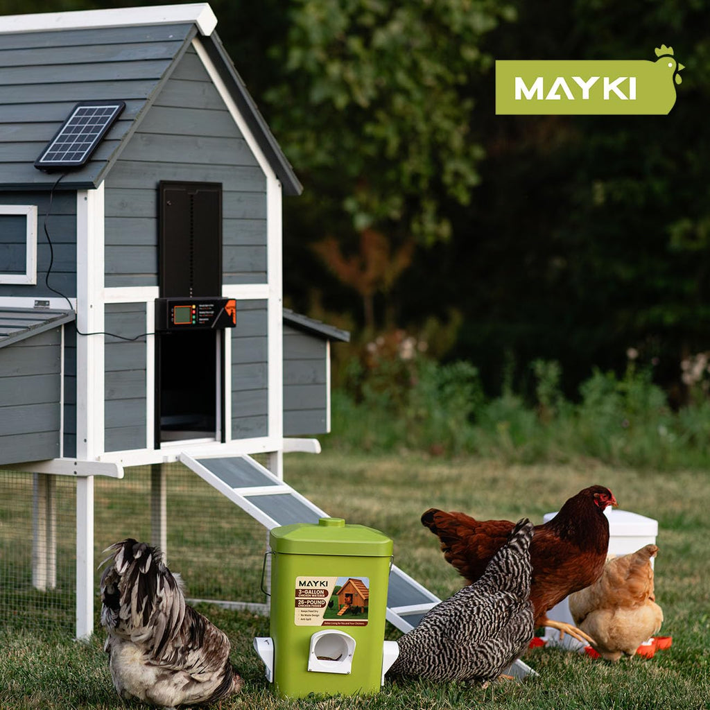 MAYKI Chicken Feeder and Waterer Set, 3 Gallon/26 LB No Waste Poultry Feeding System with Hanging Option, Automatic Coop Accessories for 10 Hens, Upgraded Feeder Port Water Cup, BPA-Free Winter Design