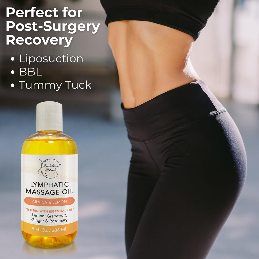 Lymphatic Massage Oil for Massage Therapy | 100% Natural Lymphatic Drainage Oil | Premium Quality with Arnica, Lemon & Ginger Oil | for Post Surgery Recovery & Detox | 8oz by Brookethorne Naturals