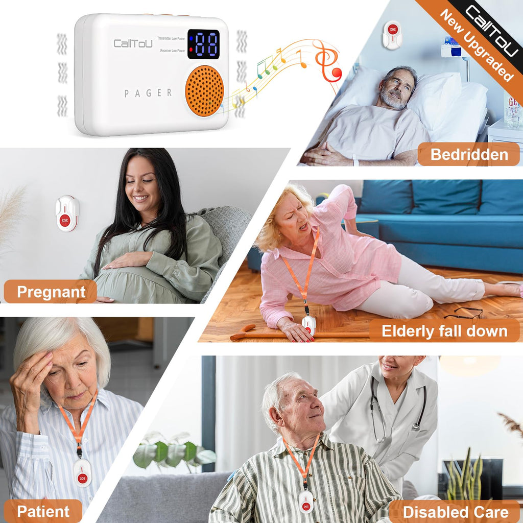 CallToU 1000FT Caregiver Pager Wireless Call Button Elderly Monitors with Vibration Digital Display Low Power Reminder, Nurse Alert Button Call Bell for Patients 2 Portable Receiver 3 SOS Call Button