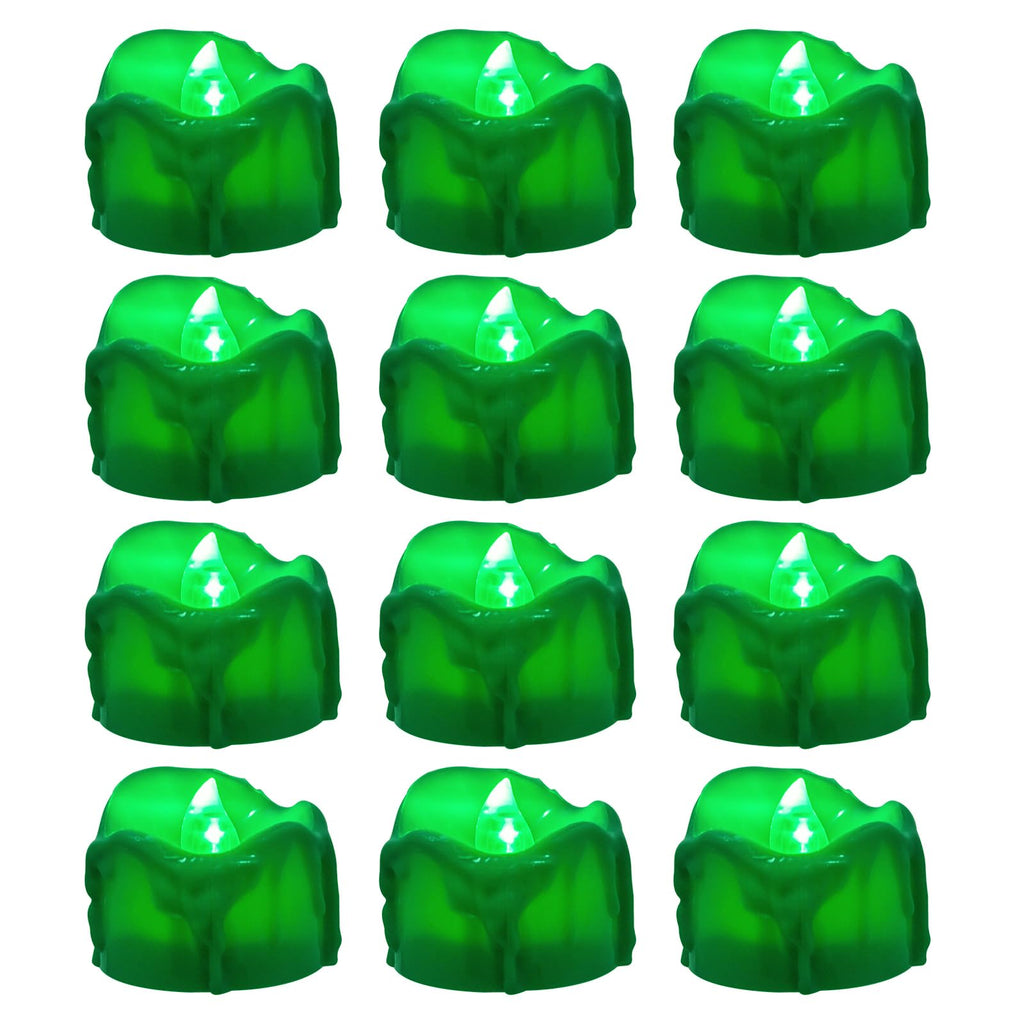 Windshell Green Flickering Flame Tealight Candles with 6H Timer (No Remote), Melting Design (Plastic), Battery Operated LED Flameless Tea Lights for Party, Wedding, Halloween and Christmas, Pack of 12