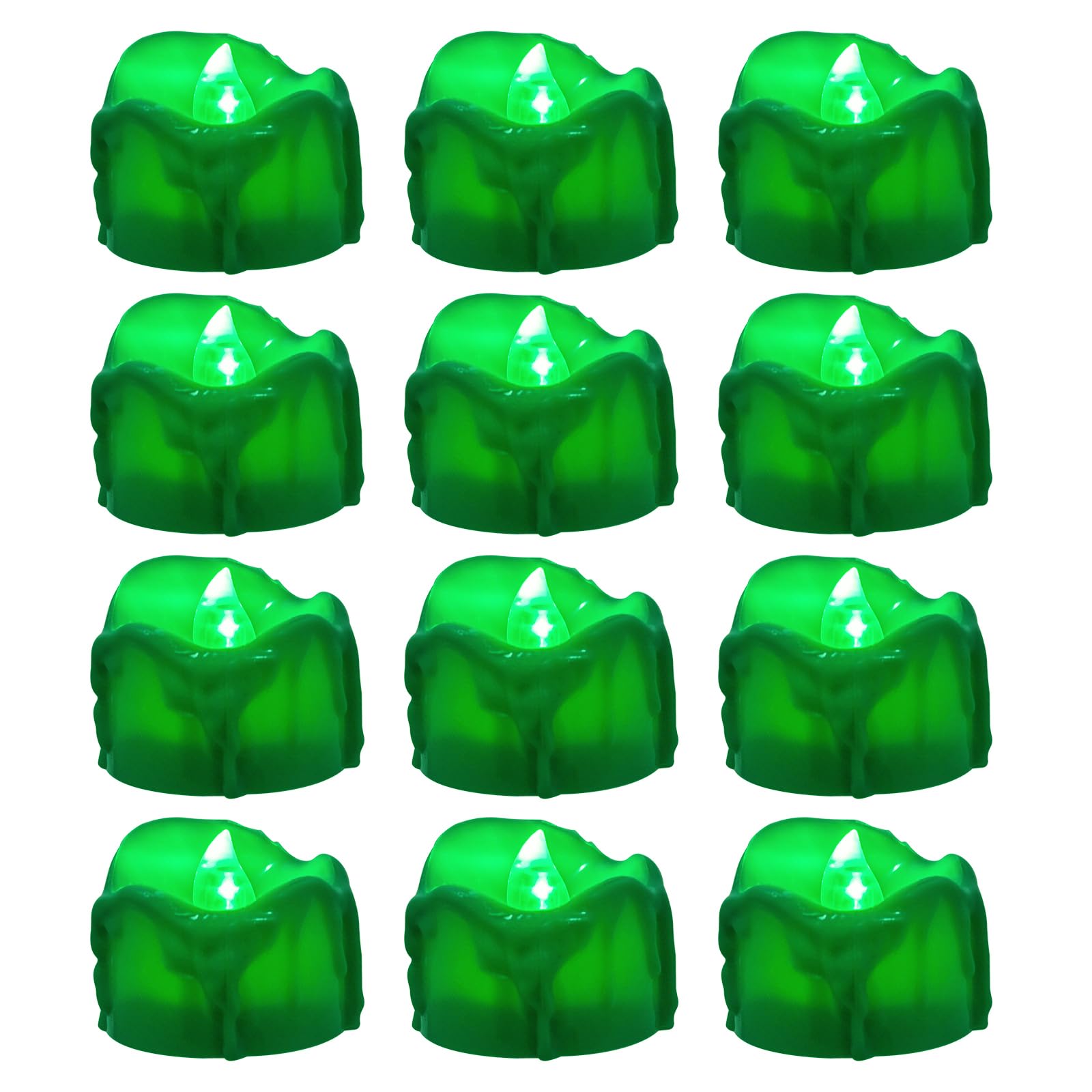 Windshell Green Flickering Flame Tealight Candles with 6H Timer (No Remote), Melting Design (Plastic), Battery Operated LED Flameless Tea Lights for Party, Wedding, Halloween and Christmas, Pack of 12