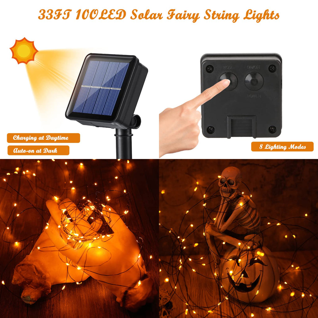 Lomotech 2 Pack Solar Halloween Lights, Total 66ft 200LED Orange Halloween Fairy Lights Waterproof 8 Modes Twinkle Lights Outdoor for Halloween Party DIY Decoration Black Wire
