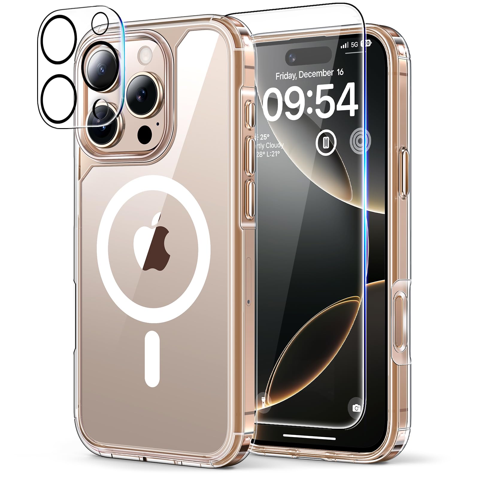 TAURI 5 in 1 for iPhone 16 Pro Case, Compatible with MagSafe [Not-Yellowing] with 2X Screen Protector + 2X Camera Lens Protector, Military-Grade Protection, Magnetic Case for iPhone 16 Pro 6.3", Clear