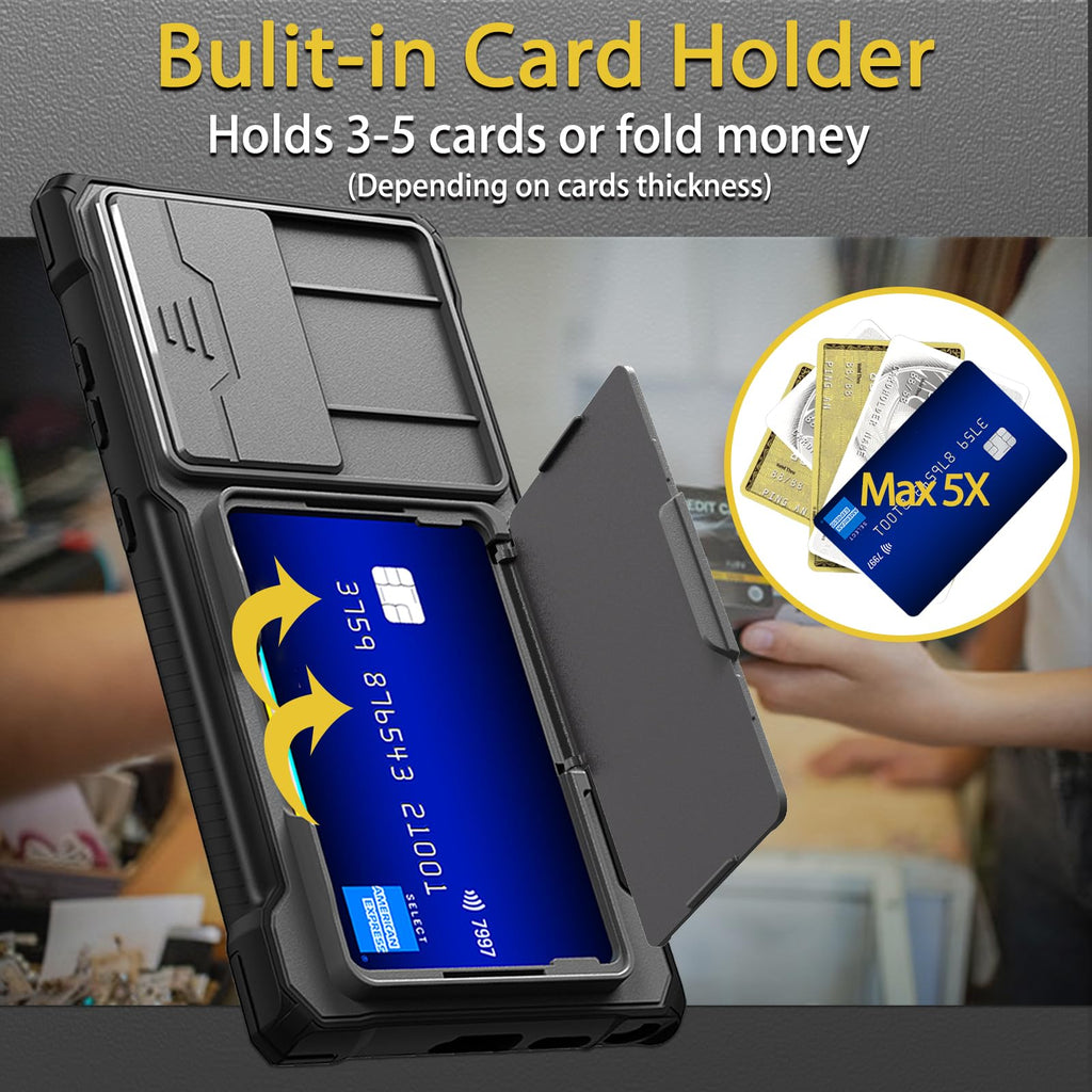symboly for Samsung Galaxy S24 Ultra Case with Card Holder & Slide Camera Cover & Kickstand, Military Grade Shockproof Silicone TPU Bumper & Hard Back Wallet Case for Samsung S24 Ultra Case, Gray