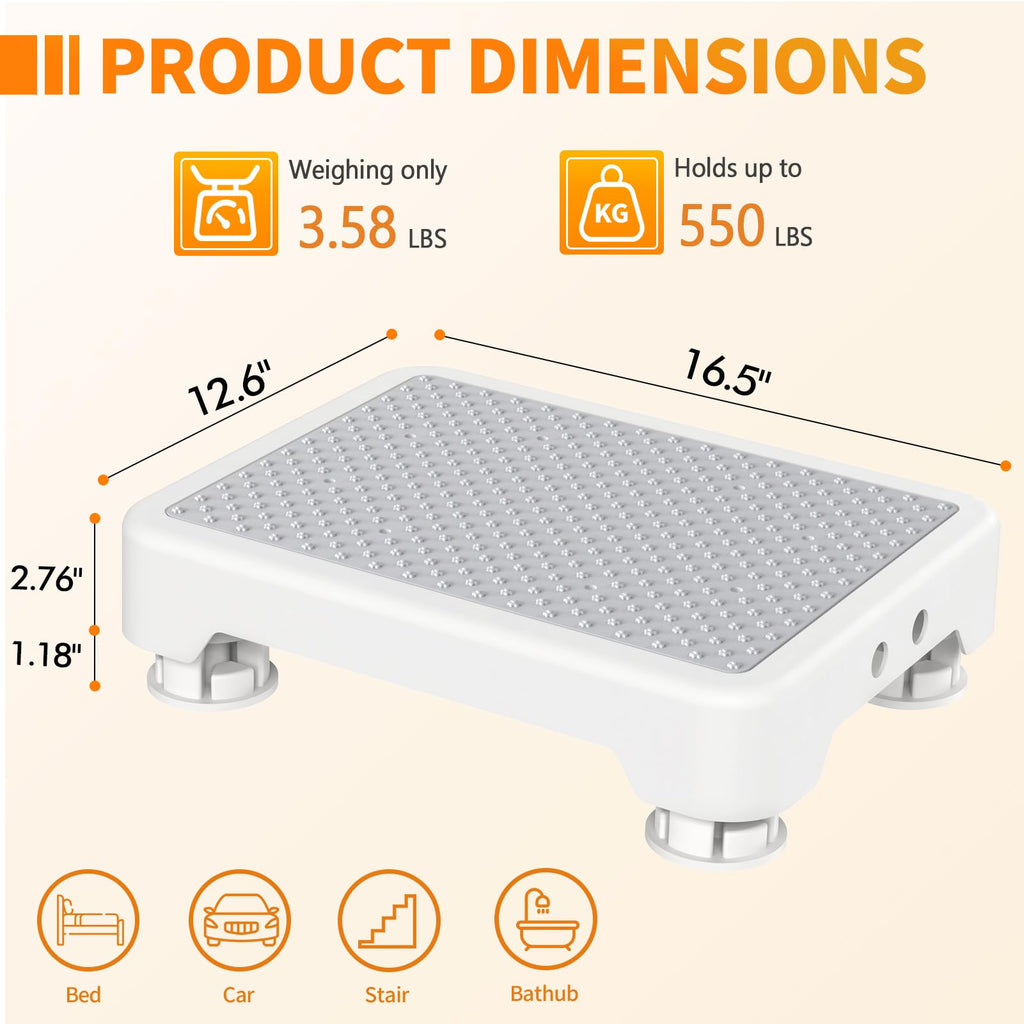 Ronlap One Step Stools for Adults, Portable Safety Step Platform for Seniors Small Plastic Bedside Step Stool Mobility Wide Step Stools Elderly Assistance for Shower Bed Car Stair Outdoor, White-Gray
