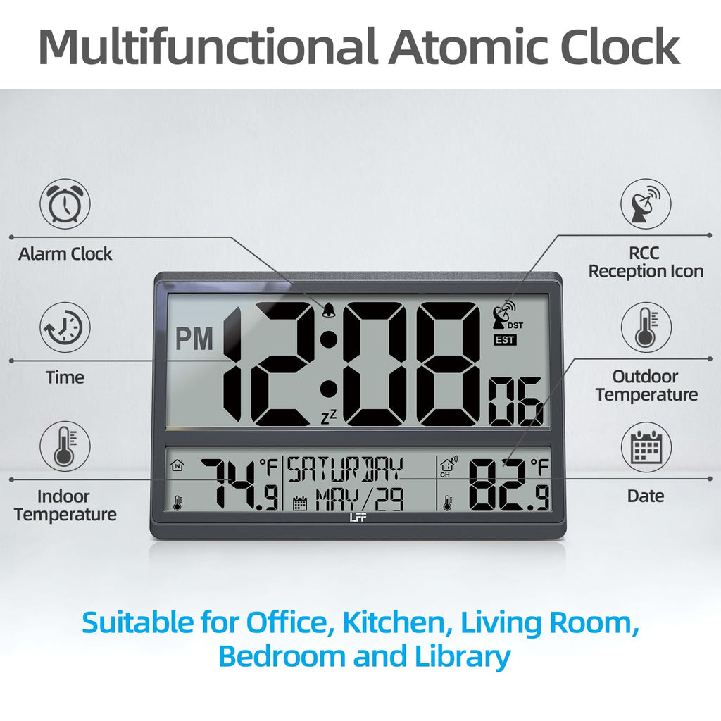 LFF Atomic Clock, Never Needs Setting, Battery Operated, Atomic Wall Clock with Indoor/Outdoor Temperature, Wireless Outdoor Sensor, Large Display Digital Calendar Clock for Elderly