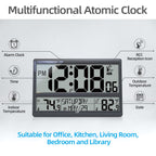 LFF Atomic Clock, Never Needs Setting, Battery Operated, Atomic Wall Clock with Indoor/Outdoor Temperature, Wireless Outdoor Sensor, Large Display Digital Calendar Clock for Elderly