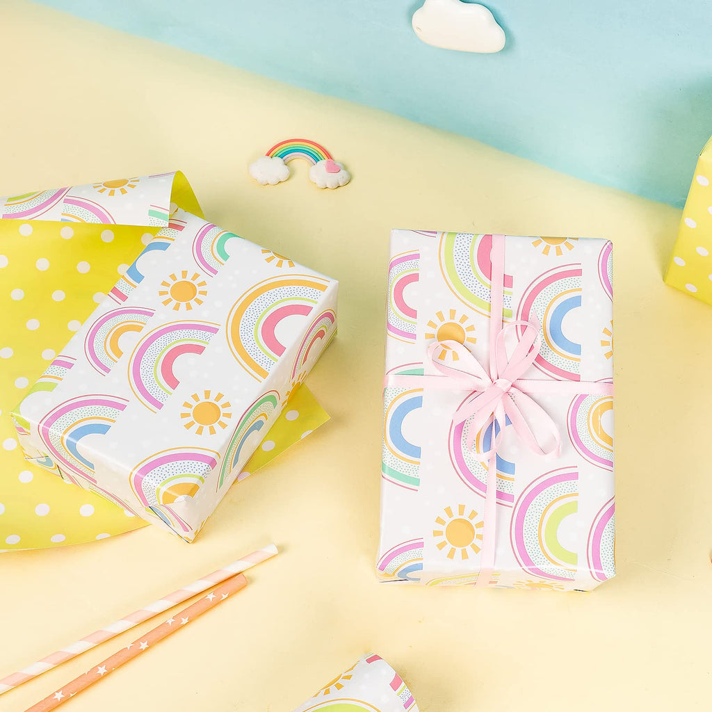 WRAPAHOLIC Reversible Wrapping Paper - Mini Roll - 17 Inch x 33 Feet - Rainbows Design, Perfect for Birthday, Party, Holiday, Wedding, Baby Shower
