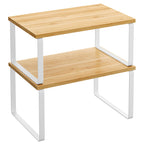 Cabinet Organizer Shelf, Set of 2 Kitchen Counter Shelves, Kitchen Storage, Spice Rack, Stackable, Expandable, Metal and Engineered Wood, 11.7 Inches, Cloud White and Natural Beige UKCS02NW