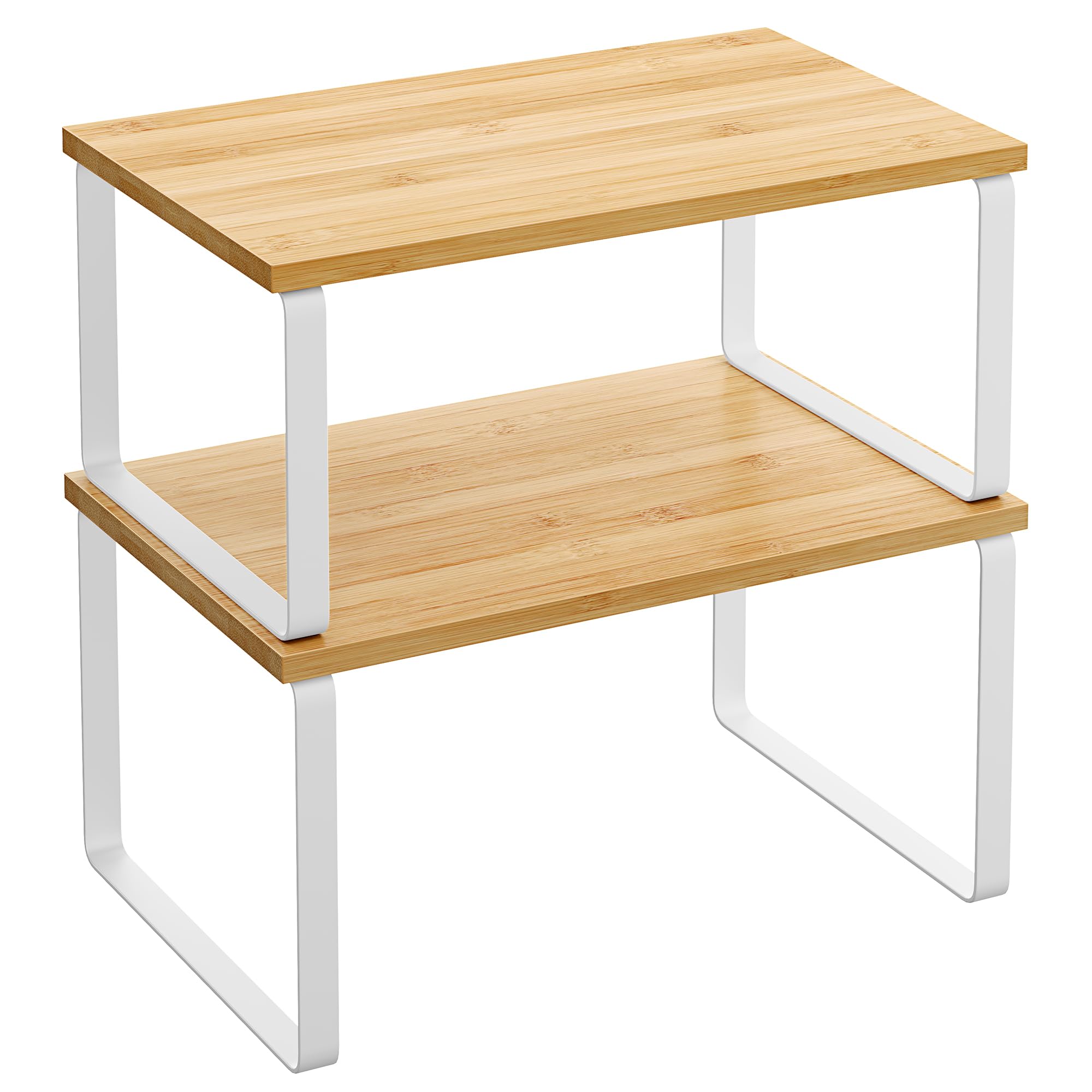 Cabinet Organizer Shelf, Set of 2 Kitchen Counter Shelves, Kitchen Storage, Spice Rack, Stackable, Expandable, Metal and Engineered Wood, 11.7 Inches, Cloud White and Natural Beige UKCS02NW