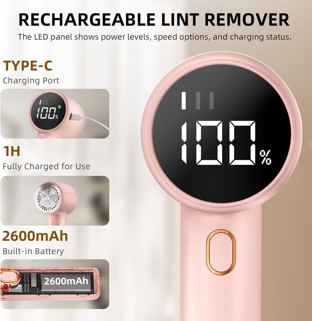 Fabric Shaver, Lint Remover Rechargeable, Electric Portable Sweater Defuzzer with 3 Speeds, 6 Leaf Blades, Digital LED Display to Remove Pilling for Clothes, Furniture, Sweater, Couch, Blanket
