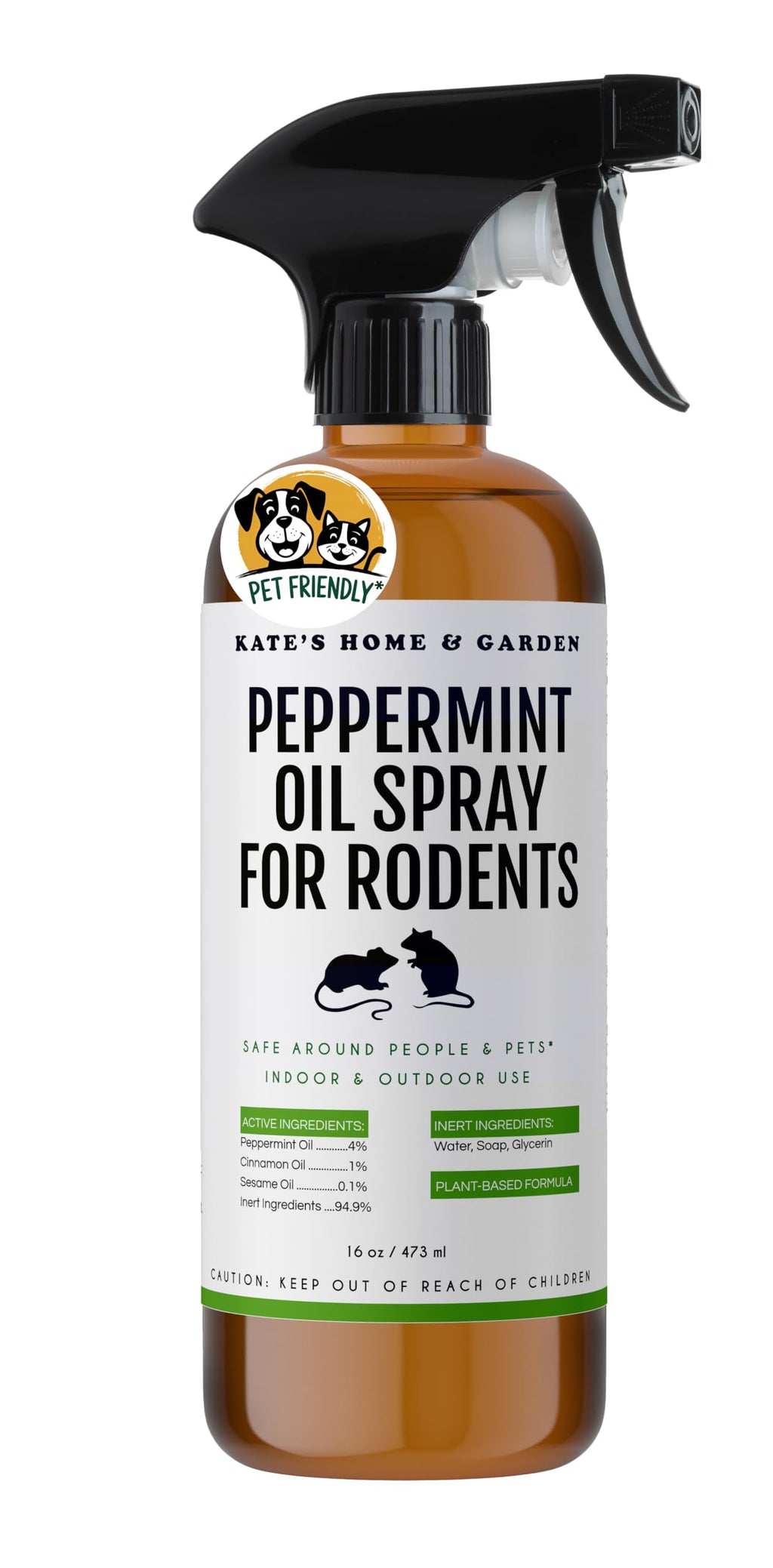 Kate Naturals Peppermint Oil Spray for Rodents, Squirrels, Mouse, Bat, Rat, Car Engines, Mice (16oz, Non-Toxic Rodent Repellent, Pet Safe)