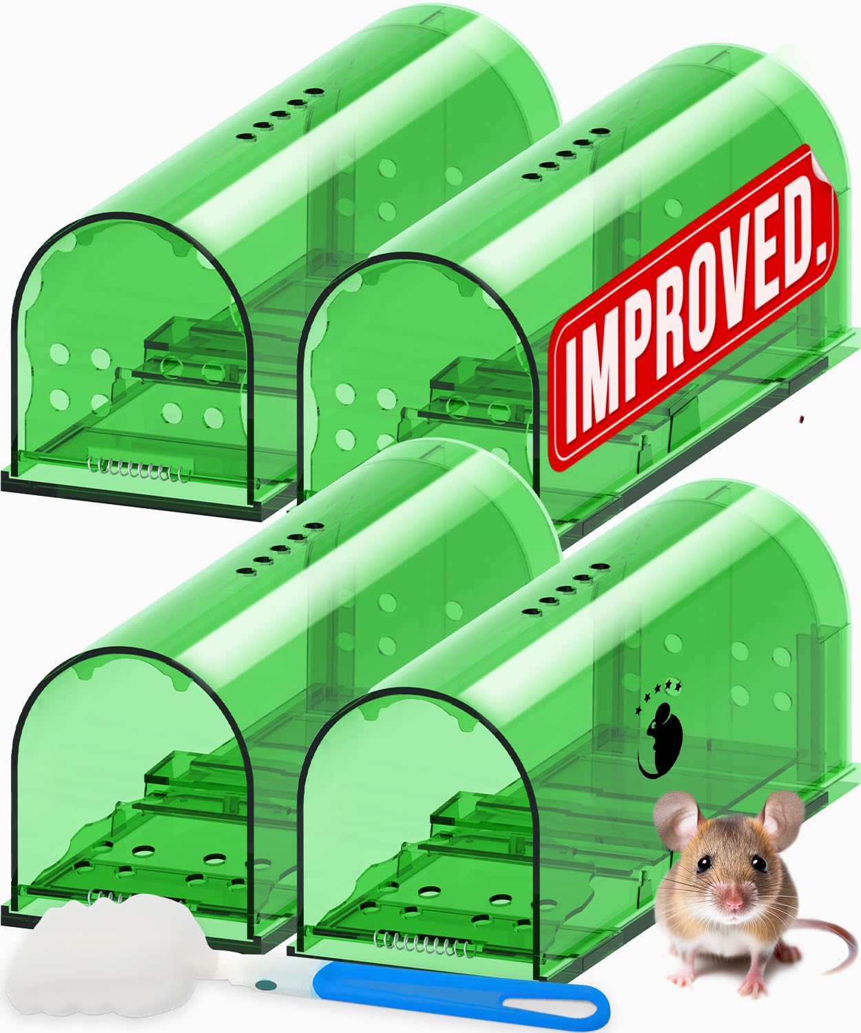 Motel Mouse Humane Mouse Traps No Kill Live Catch and Release 4 Pack - Reusable, Easy to Use & Clean, No Touch Release, Sensitive Includes Cleaning Brush, Instruction Manual & Video - Mousetrap Indoor