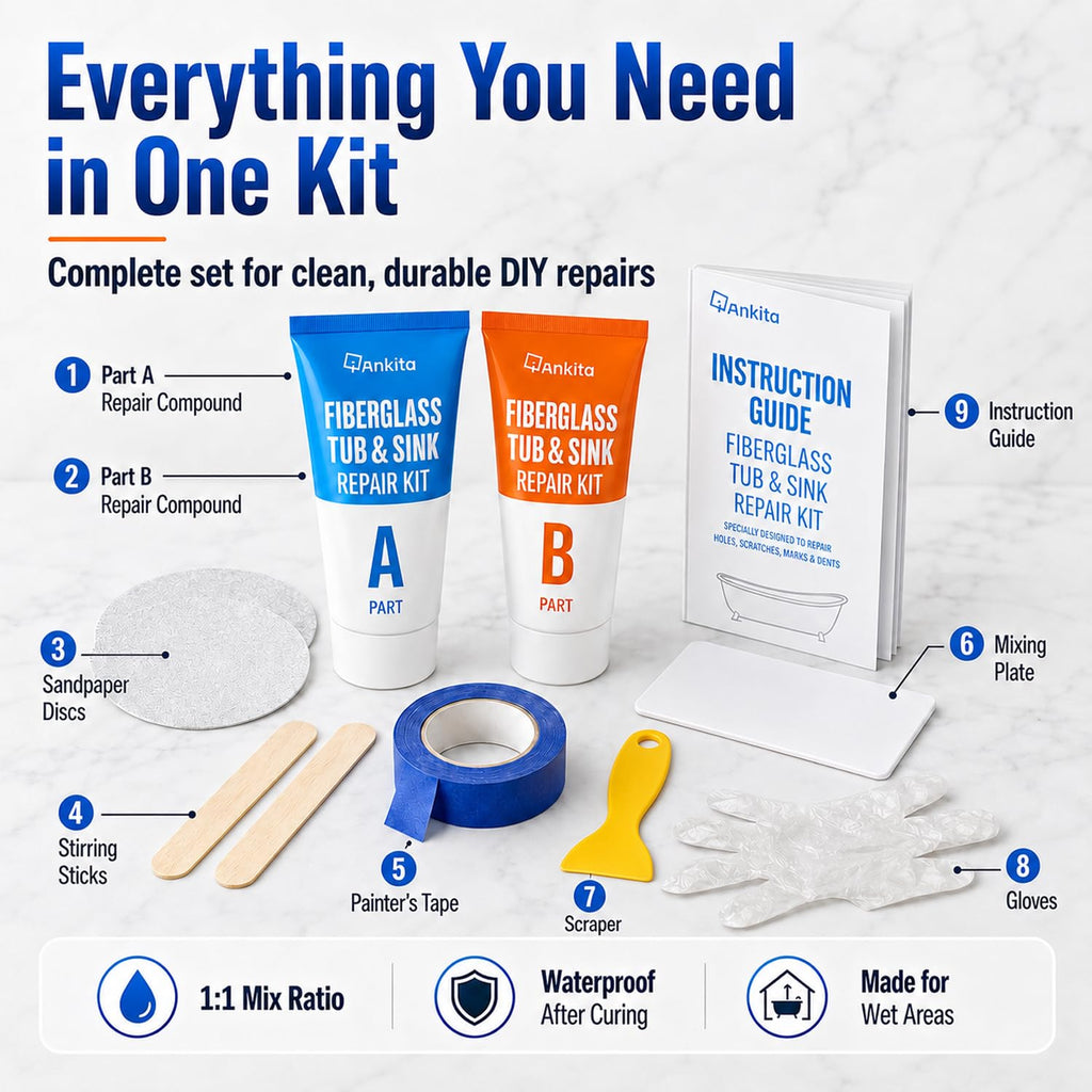 Tub Repair Kit White, Tub Chip and Bathtub Repair Kit for Enamel, Fiberglass, Acrylic, Porcelain, Patch and Repairs Chips, Crack, Scratches, Rust, Holes on Tubs, Toilet, Sink, Shower, Tray in Bathroom