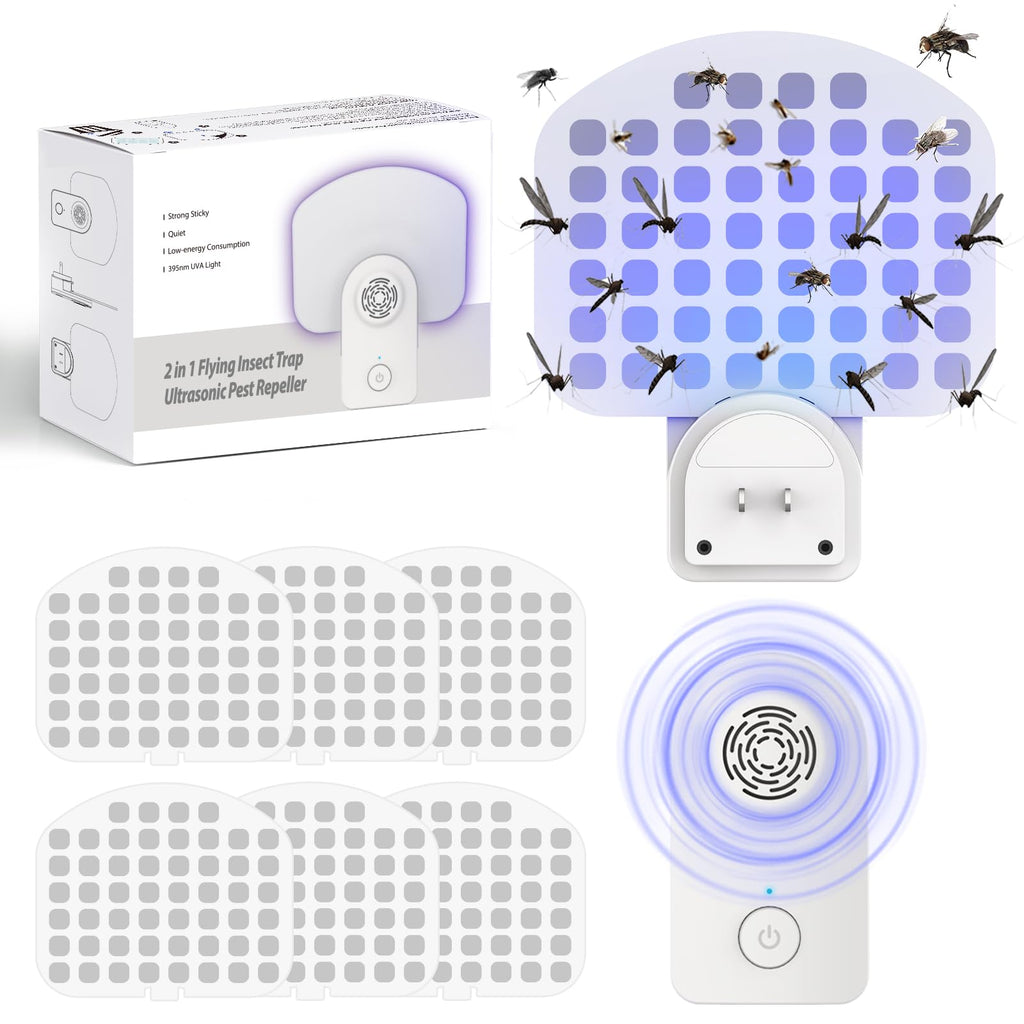 Flyxiregg 2 in 1 Flying Insect Trap Plug in & Ultrasonic Pest Repeller, Mosquito Zapper Indoor with Night Light UV Attractant Catcher, Safer Home Indoor Fly Trap(2 Devices + 6 Glueboards)