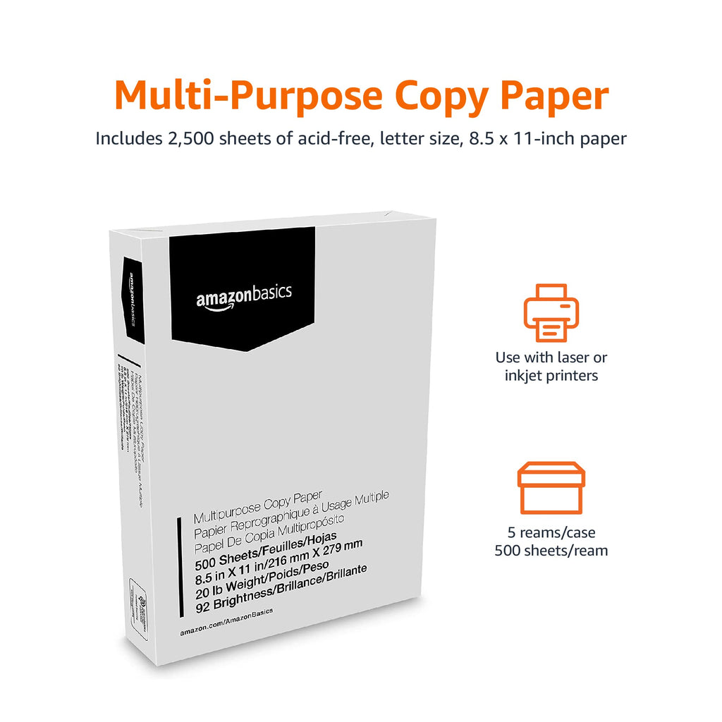 Amazon Basics Multipurpose Copy Printer Paper, 8.5x11 inches, 20 lb, 5 Reams, 2500 Sheets, 92 Bright, White