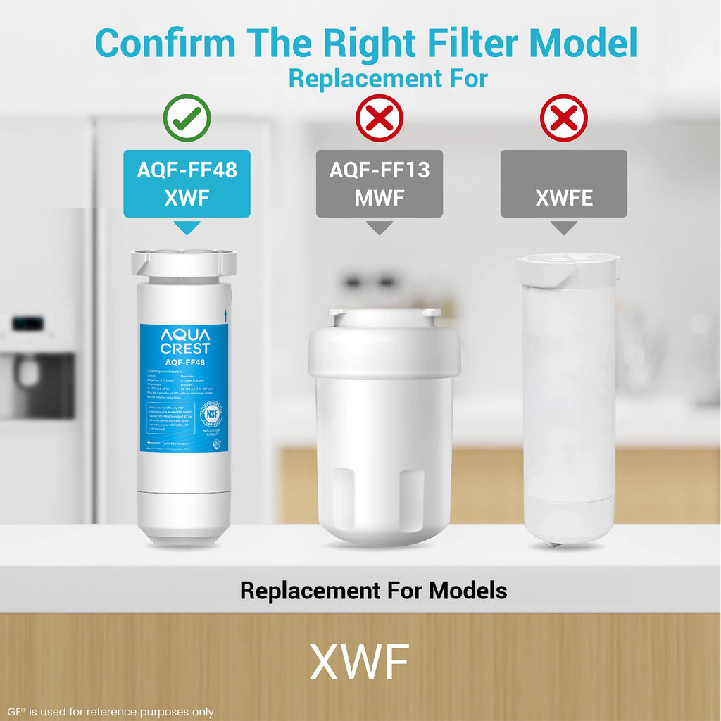 AQUA CREST XWF Refrigerator Water Filter, Replacement for GE® XWF water filter, NSF Certified, 2 Filters