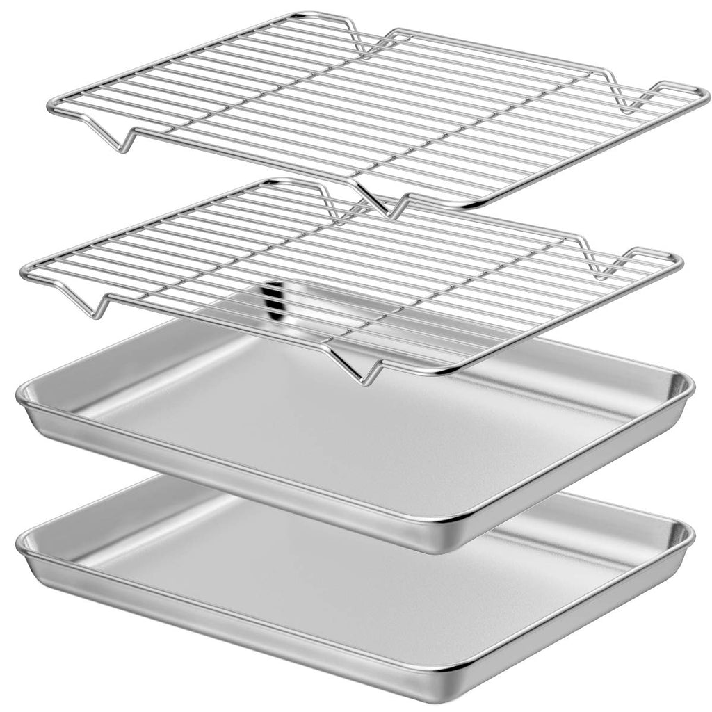 Wildone Baking Sheet with Rack Set [2 Sheets + 2 Racks], Stainless Steel Cookie Pan baking Tray with Cooling Rack, Size 10 x 8 x 1 Inch, Non Toxic & Heavy Duty & Easy Clean