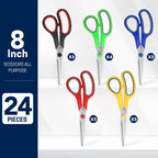 BURVAGY 24-Pack 8" All Purpose Heavy Duty Sharp Scissors Bulk for Office School Home Stainless Steel Blades Safety Soft Grip Handles,Right/Left Handed Scissors