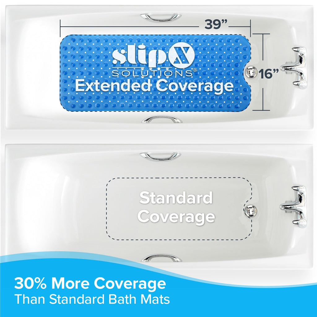 SlipX Solutions Power Grip Extra Long Bath Tub & Shower Mat 39x16, Wet Floor Non-Slip for Elderly & Kids Bathroom, 30% Longer Bathtub Mats, Over 200 Suction Cups, Drain Holes (1, Blue)