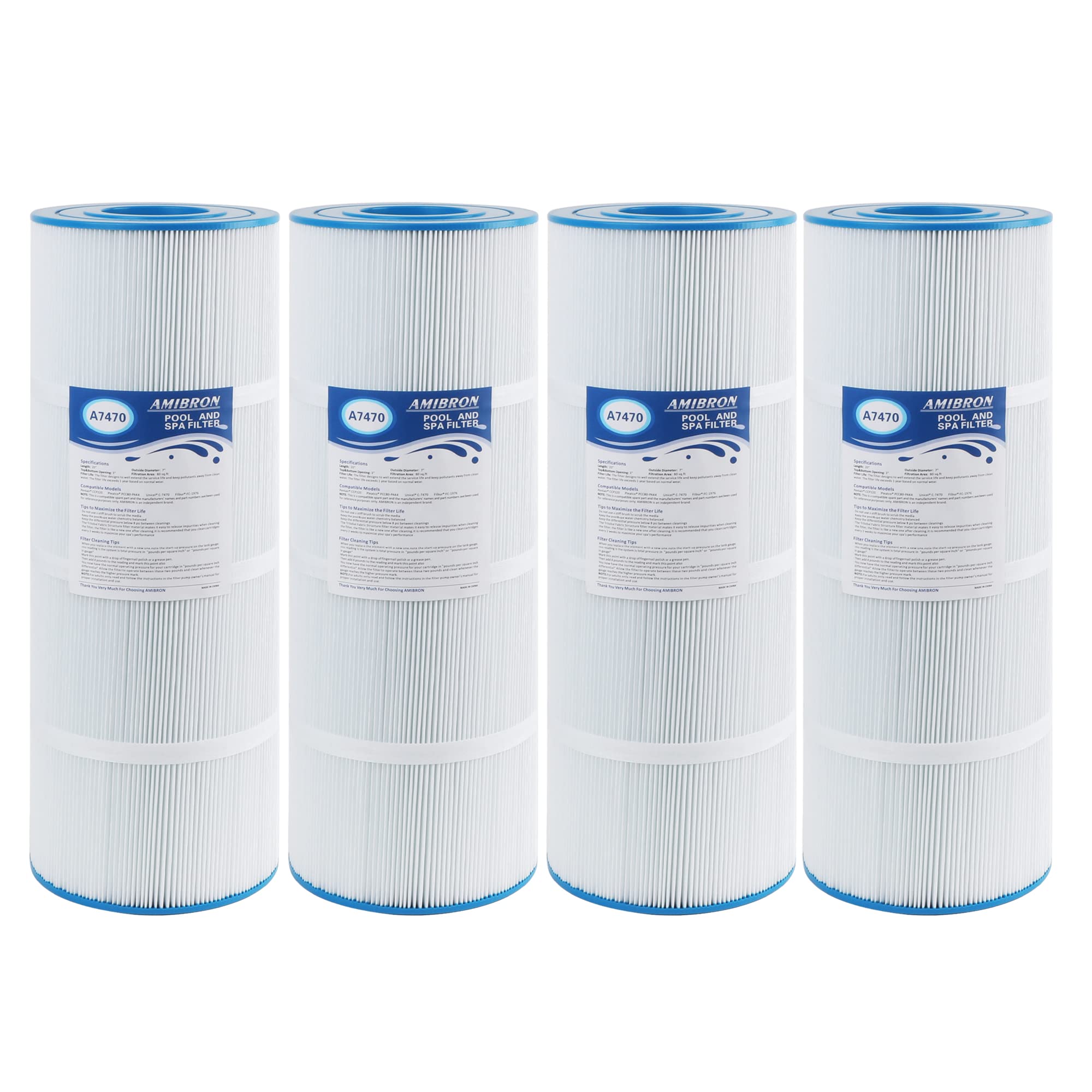 AmiBron C-7470 Pool Filter Cartridge Replaces Pentair CCP320,Pleatco PCC80-PAK4 PCC80,Clean and Clear Plus 320,Filbur FC-1976,R173573,178580, L:20" xOD:7", 4X80 sq.ft. 4 Pack
