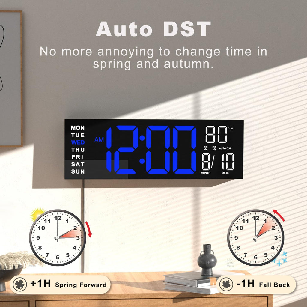 JALL 16" Large Digital Wall Clock Timer, Remote Controll, 2 Alarms, LED Display, 8 RGB Color, Auto DST, Temperature for Living Room, Bedroom, Desk, Mounted, Gift for Elderly (Blue White, 16 inches)