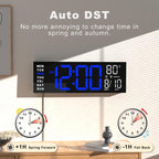 JALL 16" Large Digital Wall Clock Timer, Remote Controll, 2 Alarms, LED Display, 8 RGB Color, Auto DST, Temperature for Living Room, Bedroom, Desk, Mounted, Gift for Elderly (Blue White, 16 inches)