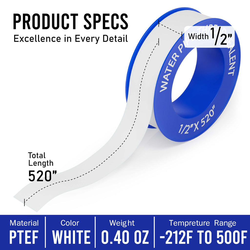 1, 4 or 5 Rolls 1/2 Inch(W) X 520 Inches(L) Teflon Plumbers Tape, Duct Sealant Tape for Shower Head, Plumbing Thread Tap, Water Pipe Sealing Plumbers PTFE Thread Seal (1 Pack)