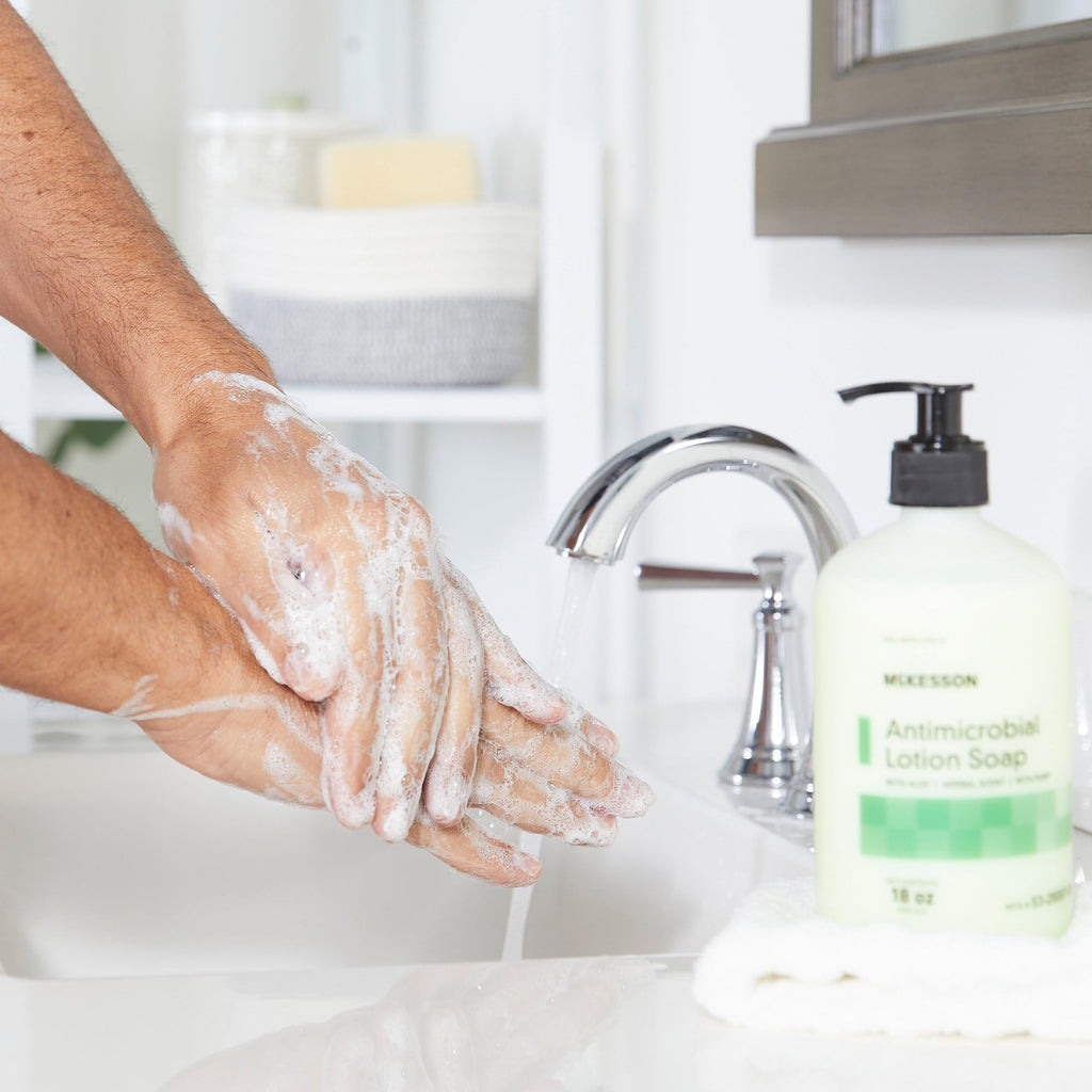 McKesson Antimicrobial Lotion Soap with Pump, Aloe, Herbal Scent, 18 oz, 12 Count