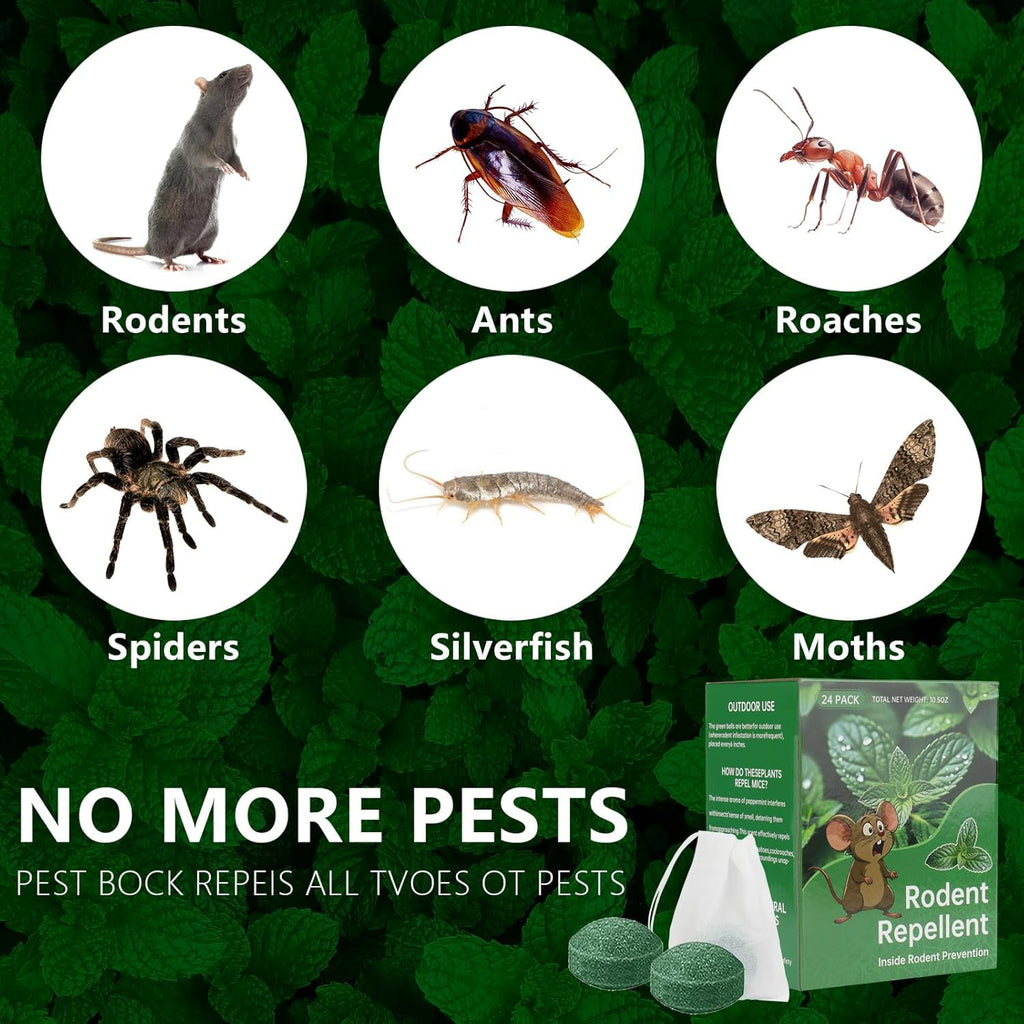 Mouse Rodent Repellent, 24 Pack Peppermint Lemon Oil Mice Repellent for Squirrel Rats Spider Pests, Natural Deterrent for Kitchen, Warehouse, Car, Indoor, Outdoor, Safe for Pets Family