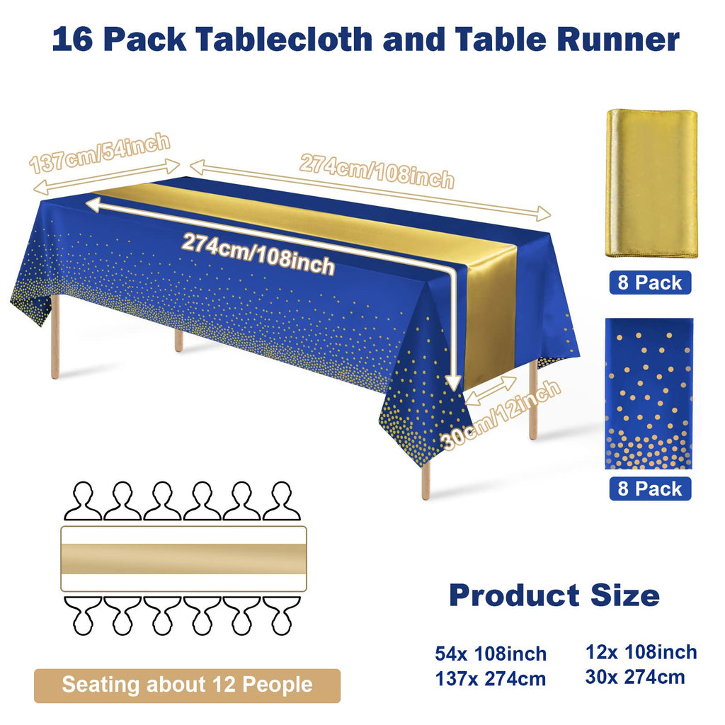 16Pack Disposable Plastic Tablecloths and Satin Table Runner Set Blue and Gold Dot Tablecloth Gold Satin Table Runner for Wedding Birthday Baby Shower Anniversary Christmas New Year Party Decorations