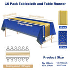 16Pack Disposable Plastic Tablecloths and Satin Table Runner Set Blue and Gold Dot Tablecloth Gold Satin Table Runner for Wedding Birthday Baby Shower Anniversary Christmas New Year Party Decorations