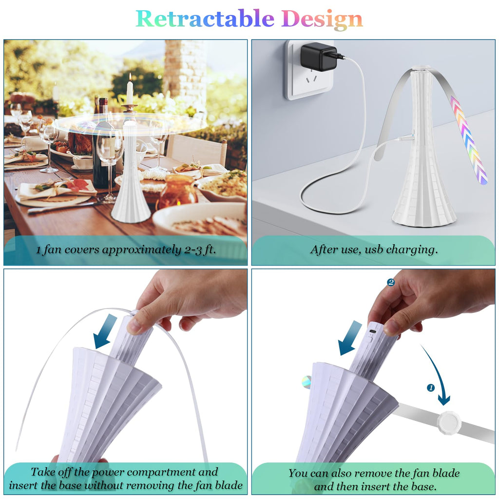 Rechargeable Fly Fans for Tables, Belfans Fly Fans for Outdoor Tables USB, Fly Fans to Keep Flies Away by Soft Blades, Food Fans for Camping, Picnic, Fishing, Fly Repellent Outdoor Patio, 3pcs, White