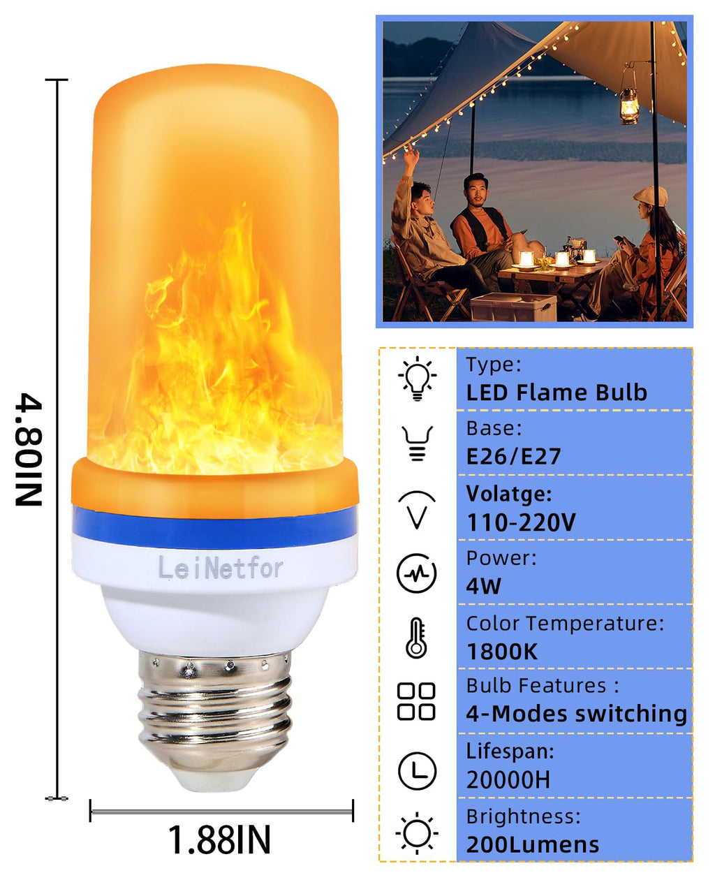 LeiNetfor Led Flame Effect Light Bulb, 4 Modes Flickering Light Bulbs Halloween Decorations,E27 Base Outdoor Led Fire Light Bulbs with Gravity Sensor for Christmas,4W Flame Light Bulbs (Yellow-4Pack)