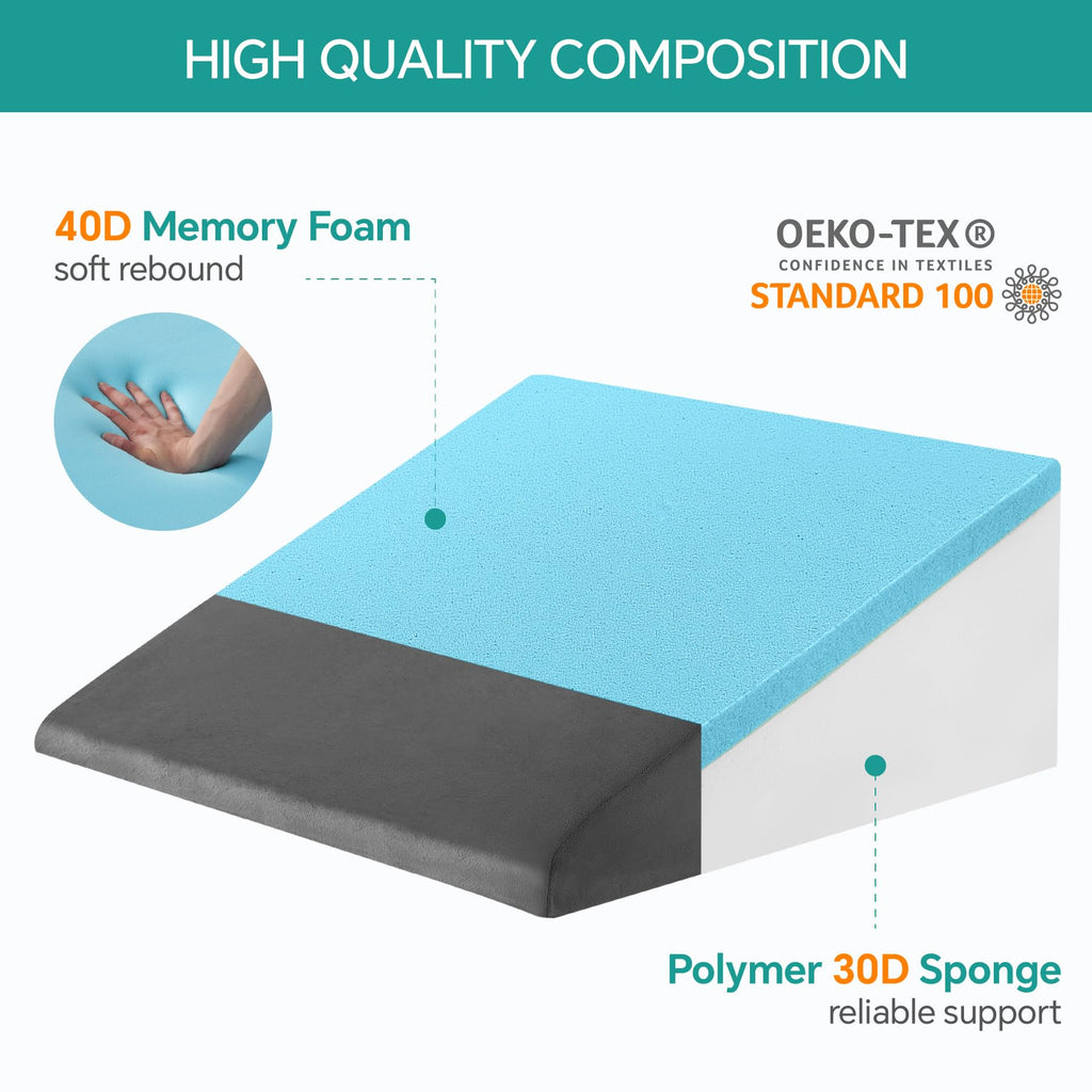 Bedluxe Bed Wedge Pillow for Sleeping, 10 Inch Memory Foam Wedge Pillow Post Surgery, Triangle Pillow Wedge, Elevated Support Pillows for Sleeping, Acid Reflux & Snoring - Removable Washable Cover
