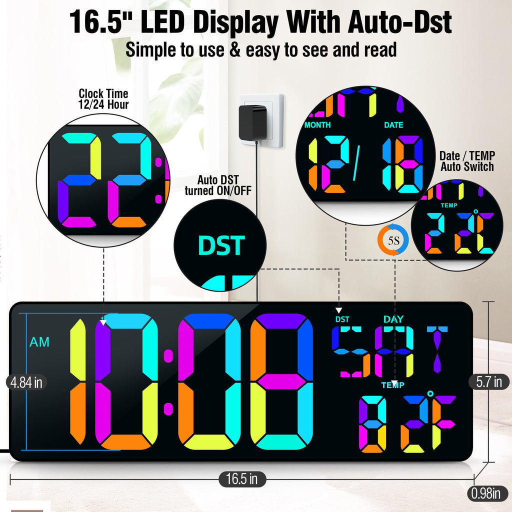 TXL Large 16.5" LED Digital Wall Clock, RGB Color Changing, Count Up/Down Timer Clock with Remote Control, Adjustable Brightness Alarm Clock for Home, Office, Gym, Elderly, Auto DST