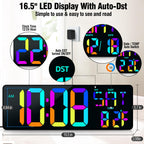 TXL Large 16.5" LED Digital Wall Clock, RGB Color Changing, Count Up/Down Timer Clock with Remote Control, Adjustable Brightness Alarm Clock for Home, Office, Gym, Elderly, Auto DST