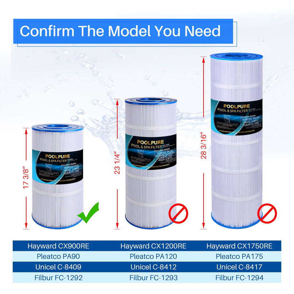 POOLPURE PLF90A Pool Filter Replaces Hayward C900, CX900RE, Pleatco PA90, Ultral-B6, Unicel C-8409, Filbur FC-1292, Sta-Rite PXC95, 90 sq.ft, L x OD: 17 3/8" x 8 15/16" (1 Pack)