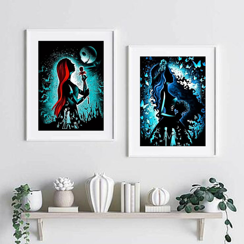 KICHANG 2 Pcs 5D Halloween Diamond Painting Kits for Adults-Nightmare Before Christmas Jack and Sally Diamond Painting Diamond Art Round Full Drill Diamonds for Home Wall Decor DIY Gift-12x16inch
