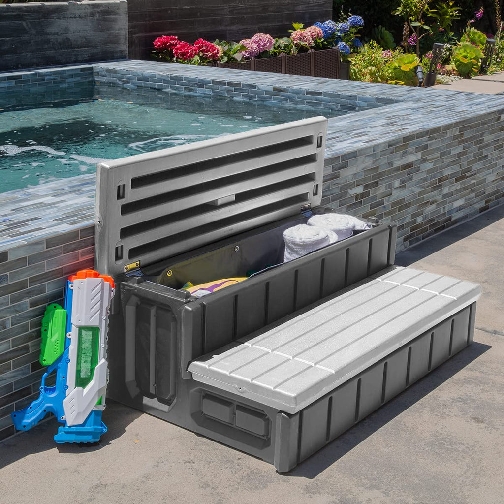 XtremepowerUS Universal Heavy Duty 2-Step Spa & Hot Tub Step Porch Steps with Large Storage Compartment Non-Slip Resistant Step Stairs 36" Inches Long Stool Pool Ladder, Grey
