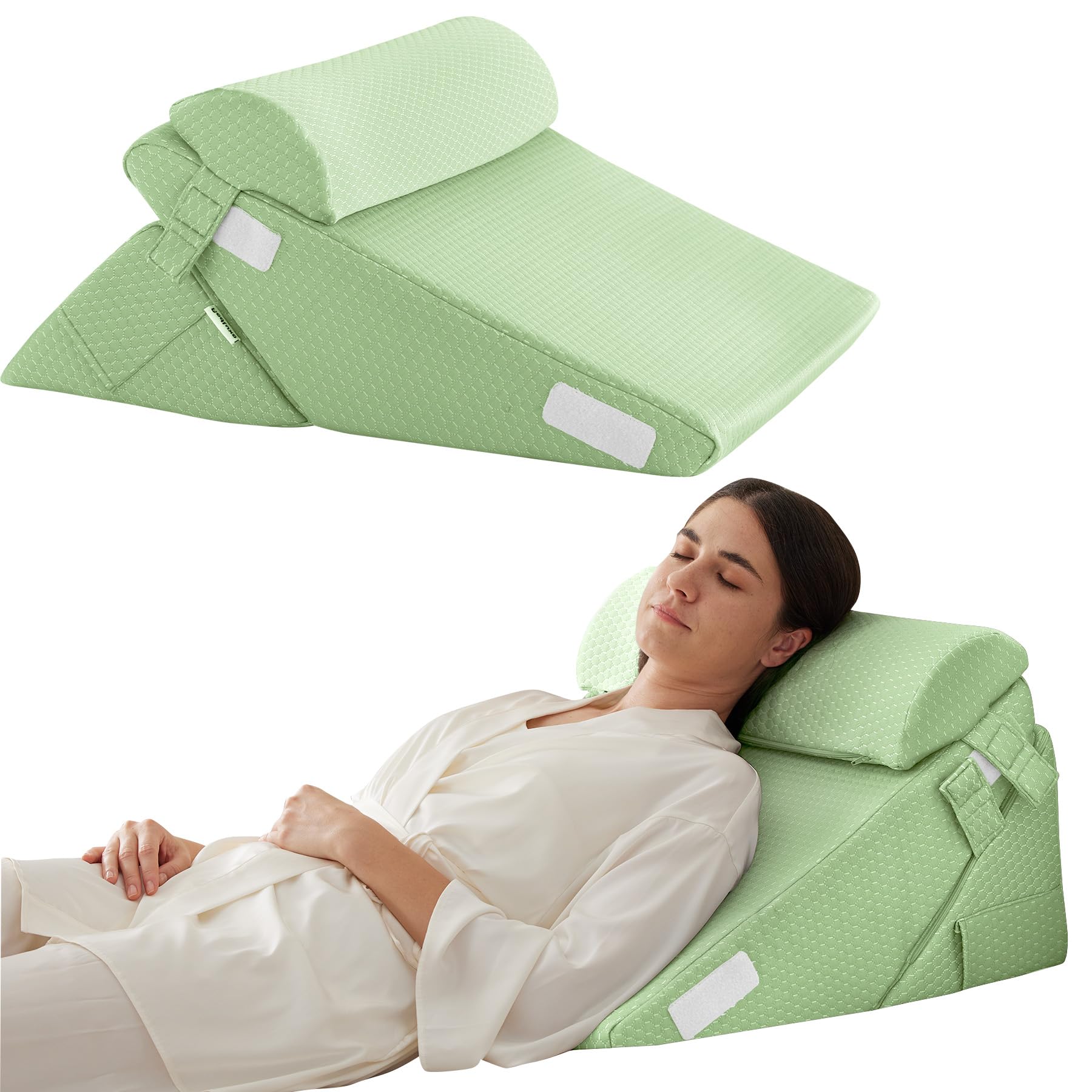 Bedluxe 3Pcs Orthopedic Bed Wedge Pillow Set, Foam Wedge Pillow Post Surgery for Back, Leg and Knee Support, Adjustable 9&12 Inch Folding Triangle Pillow for Sleeping, Acid Reflux, Snoring, Green