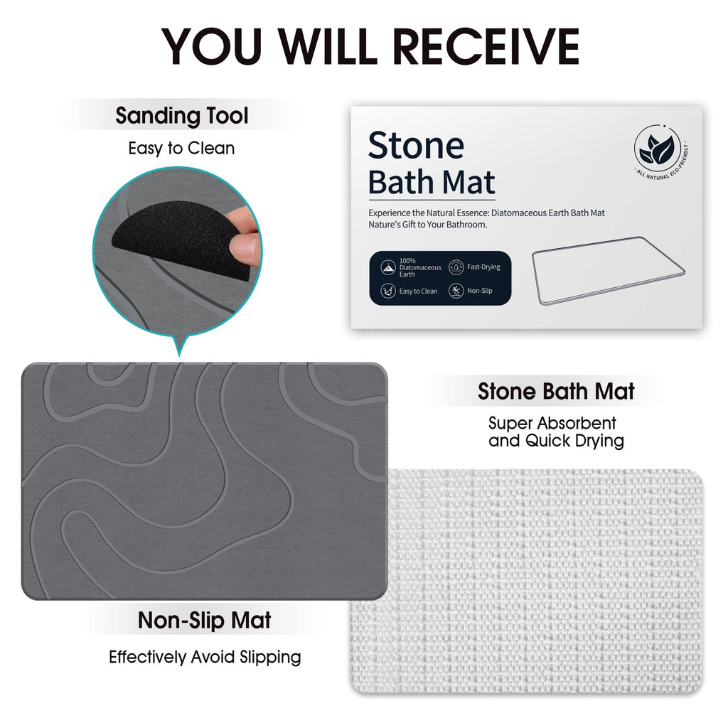 ZIKIBL Stone Bath mat Diatomaceous Earth Bath Mat Super Absorbent Non-Slip Diatomite Stone Bath Mats for Bathroom Quick-Drying Stone Shower Mat Easy to Clean（24 * 16'' Grey）