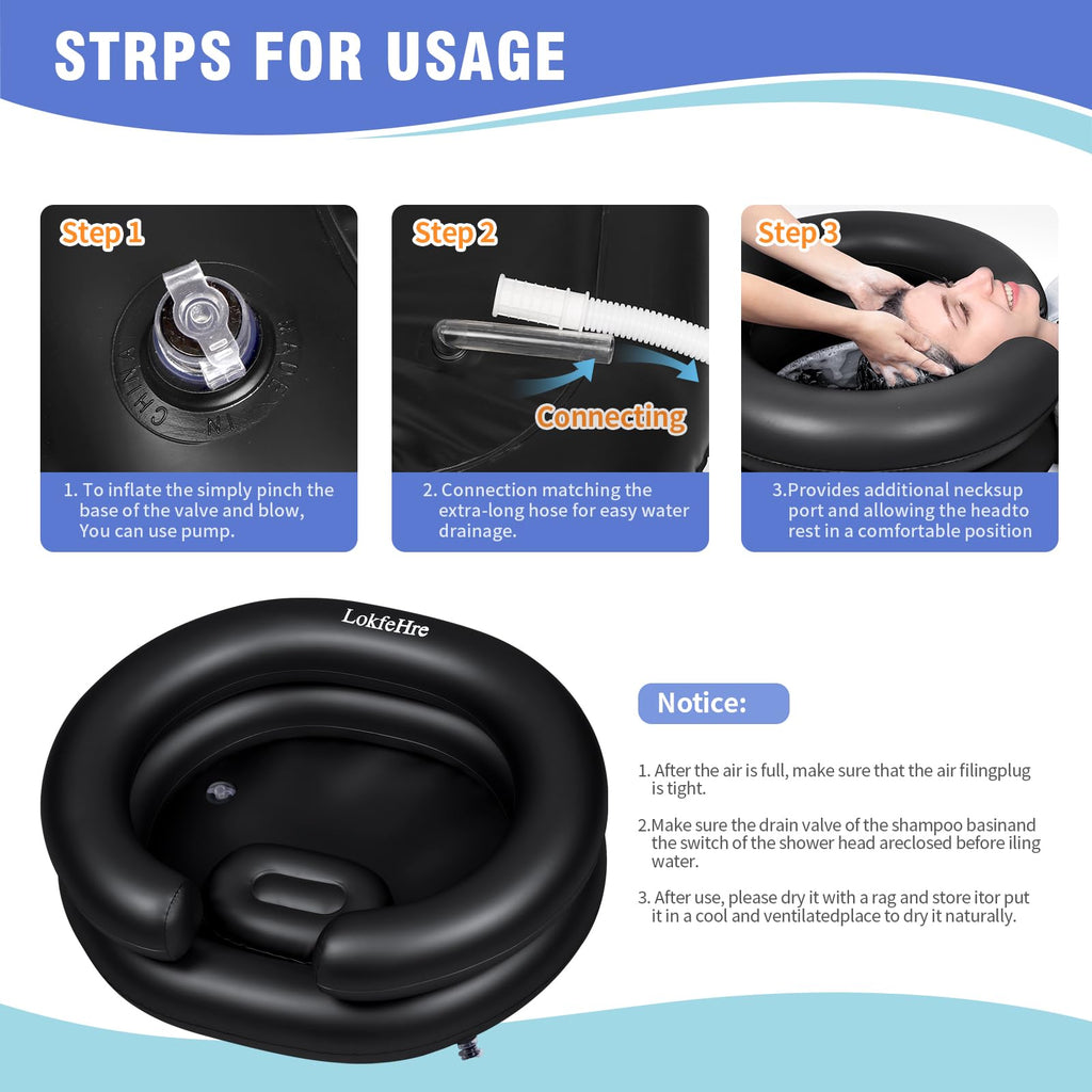 LOKFEHRE Large Portable Inflatable Hair Washing Basin for Bedridden - Wash Hair in Bed with Inflatable Shampoo Bowl.For Elderly,Disabled,Injured,Ideal Inflatable Sink for Locs Detox (Black)
