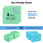 FYGRIP 4 Pack 36” x 36” Extra Heavy Absorbency Washable Underpads, Waterproof Quick Drying Nursing Incontinence Reusable Washable Bed Pee Pads for Dogs, Diaper Changing & Adults, Green
