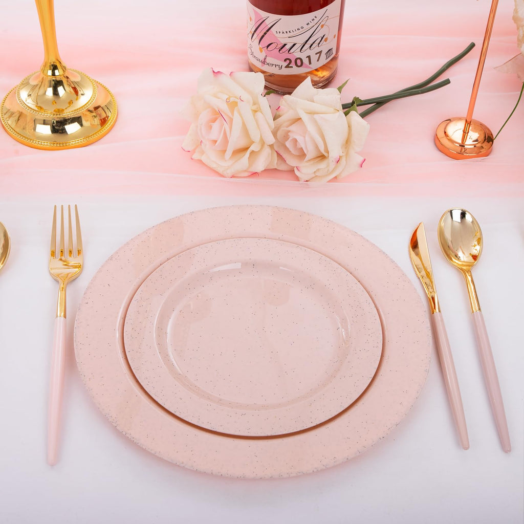 DaYammi 60PCS Pink Plates,Disposable Pink Plastic Plates With Glitter,Granite Plastic Plates,Heavy Duty Pink Party Plates Include 10.25inch Dinner Plates,7.5inch Dessert Plates for Party